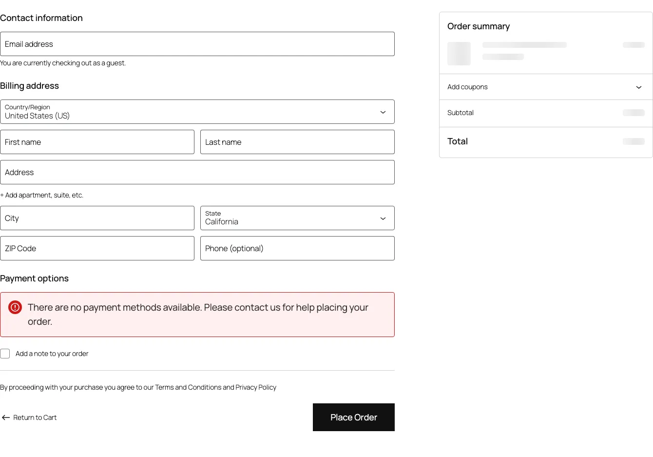 Strona kasy z checkboxami prawnymi i przyciskiem zamówienia